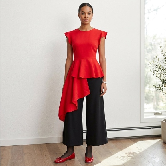 New York & Company Tops - NY&CO Avant Garde Layered Ruffled Asymmetrical Hem Red Peplum Tunic Top S/M